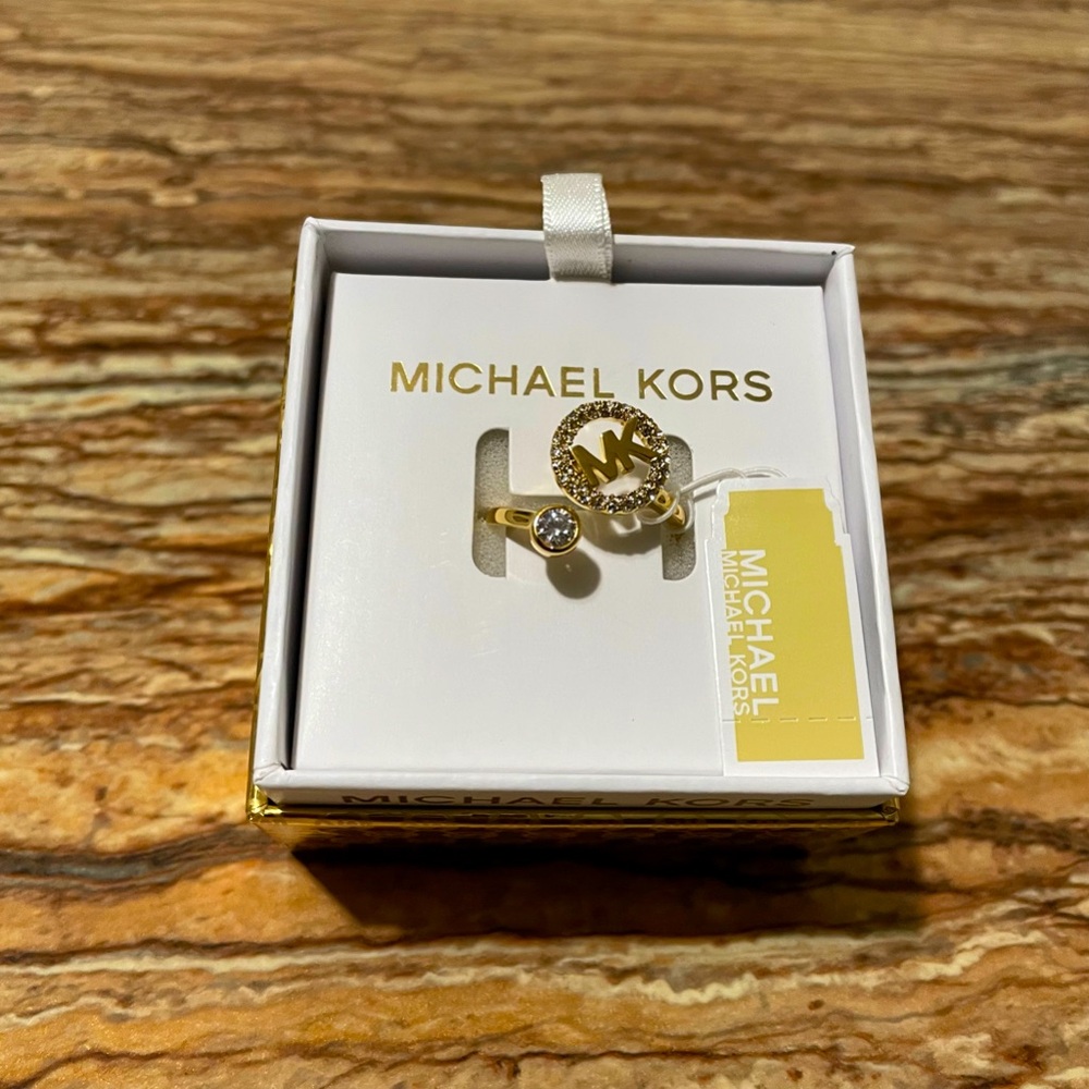 Michael Kors Jewelry Gold Crystal Pave “MK” Logo Ring